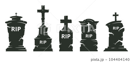 Halloween tombstones. Cartoon cemetery gravestone silhouettes, horror halloween gravestones with crosses flat cartoon vector illustration set Halloween tombstones. Cartoon cemetery gravestone silhouettes, horror halloween gravestones with crosses flat cartoon vector illustration set 104404140