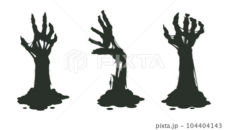 Spooky monsters scrawny hands. Cartoon bony zombie arms, Halloween creepy hands silhouettes sticking out of ground flat cartoon vector illustration set 104404143