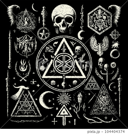 Occult symbols composition in dotwork style. Abstract mystic elements, Skull, candles and sacred triangle with eye in retro flat lay composition. 104404374