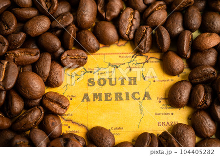 Bangkok, Thailand March 14, 2023 Coffee bean on South America map, import export trade online commerce concept. Bangkok, Thailand March 14, 2023 Coffee bean on South America map, import export trade online commerce concept. 104405282