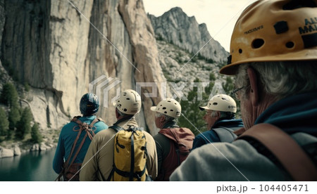 view from behind, Group of five retirees is rock climbing on cliff face. They are all wearing harnesses and helmets and are using ropes to climb. seniors with instructor climbing rocks. Generative AI view from behind, Group of five retirees is rock climbing on cliff face. They are all wearing harnesses and helmets and are using ropes to climb. seniors with instructor climbing rocks. Generative AI 104405471