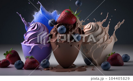Fresh fruit with scoops of creamy speciality ice cream in assorted flavors with raspberry, berry, blueberry, strawberry, walnut , chocolate and sugar cones for serving cafe table. Generative AI 104405829