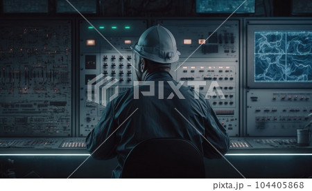At the control operations room. Operator turning the toggle switch on the main control board. Press-tour to Chernobyl Nuclear Power Plant for mass-media. April 20, 2018. Chernobyl, Ukraine At the control operations room. Operator turning the toggle switch on the main control board. Press-tour to Chernobyl Nuclear Power Plant for mass-media. April 20, 2018. Chernobyl, Ukraine 104405868