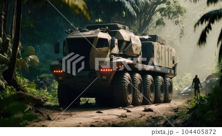 Military training on the battlefield with armored vehicles drives on forest road. Army war concept. Military training on the battlefield with armored vehicles drives on forest road. Army war concept. 104405872