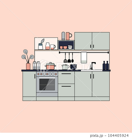Flat illustration of modern kitchen interior with furniture, appliances and utensils, vector illustration 104405924