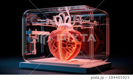 3D printer prints a human heart. Medical implantation of organs. AI generated. 104405925