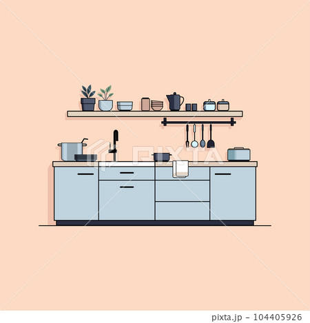 Flat illustration of modern kitchen interior with furniture, appliances and utensils, vector illustration 104405926