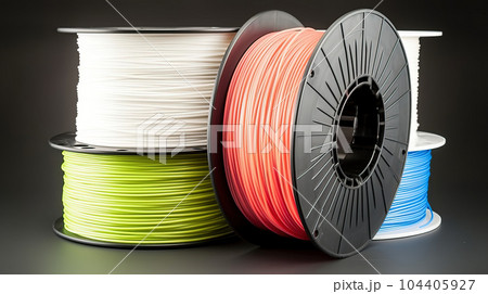 Plastic filament material PLA and ABS for printing on a 3D printer in color. AI generated. 104405927