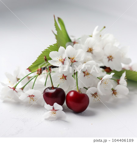 Delicious juicy appetizing red cherry berries and tender white cherry flowers, close-up isolated on white, for advertising and package design 104406189