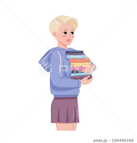 Beautiful young girl student with stacked books in her hands. Flat vector illustration 104406398