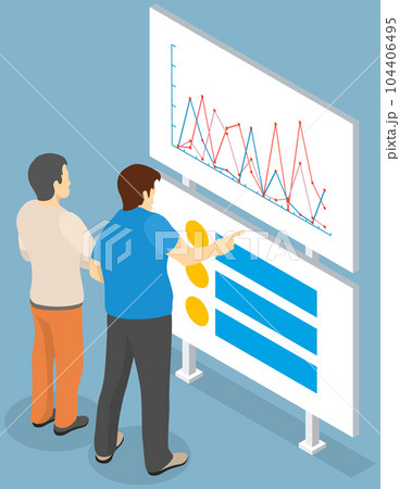 Employees analyze statistical indicators, business data. Characters work with marketing research Employees analyze statistical indicators, business data. Characters work with marketing research 104406495
