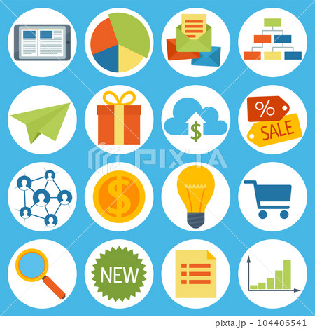 Set of shopping and business icons. Online store symbols sale, search, statistics and dynamics Set of shopping and business icons. Online store symbols sale, search, statistics and dynamics 104406541