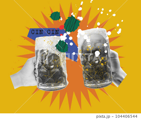 Cin cin. Mugs with foamy beer clinking over yellow background, beer festival traditions. Contemporary art collage. 104406544