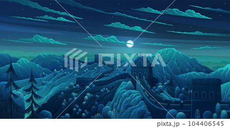 Great Wall of China vector illustration. Chinese famous landmark with watchtowers. Great wall under sunshine during sunset 104406545