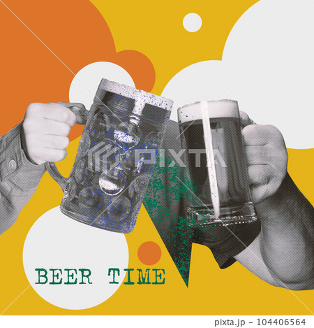 Male hands clinking glasses with foamy beer over yellow background. Contemporary art collage. 104406564