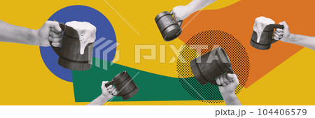 Human hands holding wooden, vintage beer mugs over multicolored background. Contemporary art collage. Human hands holding wooden, vintage beer mugs over multicolored background. Contemporary art collage. 104406579