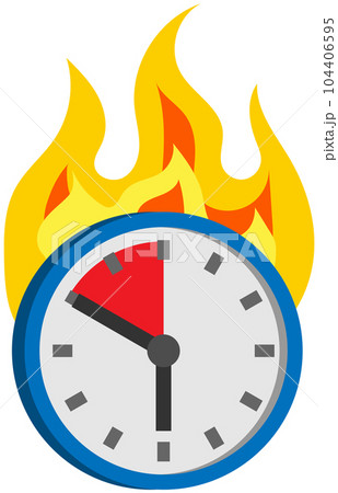 Burning clock shows remaining time. Lack of time and deadline at work. Watch with arrows on fire 104406595