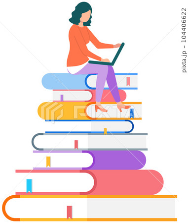 Young woman sitting on pile of books and using her laptop. Female freelancer doing computer work 104406622