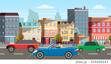 Modern car parking along town street in cartoon style. Vehicles car on city street 104406843