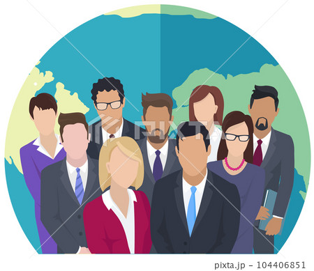 Businesspeople standing near world globe. Office employees in business suits on background of planet Businesspeople standing near world globe. Office employees in business suits on background of planet 104406851