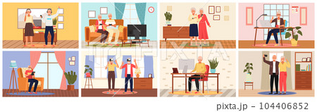 Old people play video game. Senior people with different gadgets. Oldster education on computer Old people play video game. Senior people with different gadgets. Oldster education on computer 104406852