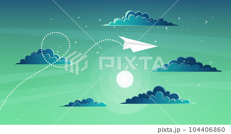 Paper plane flying over sunset sky landscape. Airplane flying among clouds and sun, art style 104406860
