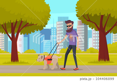 Blind man in glasses walk with service dog on leash in city park summertime, guide assistance Blind man in glasses walk with service dog on leash in city park summertime, guide assistance 104406899