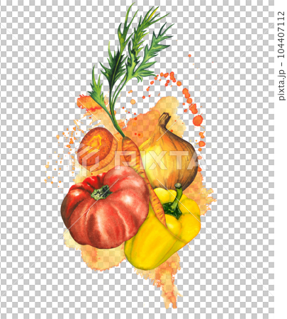 Watercolor vegetables composition with tomato, cut carrot, bell paper, onion, watercolour splashes and drops. Hand drawn illustration for package design, website banner, flyer. Isolated on white 104407112
