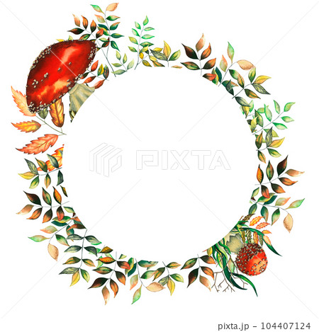 Watercolour red fly agarics round frame with big and small mushrooms, autumn leaves, blueberry herbs. Isolated hand drawn illustration for decoration and greeting cards on white background Watercolour red fly agarics round frame with big and small mushrooms, autumn leaves, blueberry herbs. Isolated hand drawn illustration for decoration and greeting cards on white background 104407124