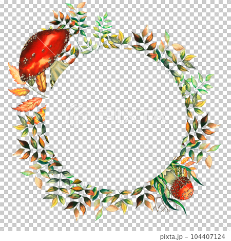 Watercolour red fly agarics round frame with big and small mushrooms, autumn leaves, blueberry herbs. Isolated hand drawn illustration for decoration and greeting cards on white background Watercolour red fly agarics round frame with big and small mushrooms, autumn leaves, blueberry herbs. Isolated hand drawn illustration for decoration and greeting cards on white background 104407124