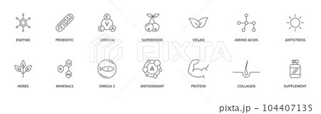 Organic, bio, vegan product label. Supplement and vitamin line icon set. Natural probiotic, protein, mineral sign for packaging. Healthy food. Detox diet badges. Nutrition sign. Vector illustration 104407135
