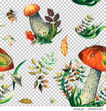 Seamless watercolour pattern of wild forest red mushrooms with leaves, pine needle, bumblebee, lingonberry. Isolated hand drawn illustration on white background Seamless watercolour pattern of wild forest red mushrooms with leaves, pine needle, bumblebee, lingonberry. Isolated hand drawn illustration on white background 104407161
