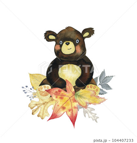 Watercolour teddy bear with autumn leaves of oak tree, maple, elm, fantasy herbs. hand drawn illustration for kids greeting card and baby shower isolated on white 104407233
