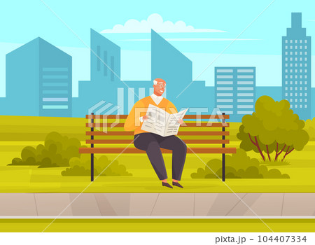 Old man with glasses sitting and reading newspaper on bench in park enjoying good day in city garden 104407334