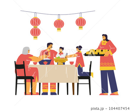 Chinese family at reunion dinner celebrate mid autumn festival, flat vector illustration isolated on white background. 104407454