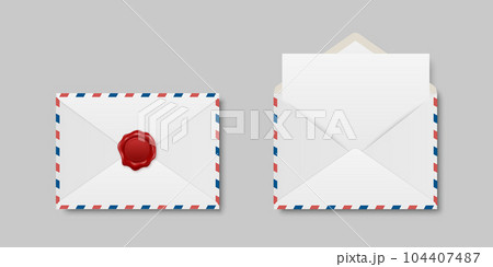 Vector Envelopes with Red Wax Seal and Blank Letter. Folded, Unfolded Isolated Envelope Set in Top View. Design Templat. Message, Notification, Mailing, Surprise and Congratulations Concept 104407487