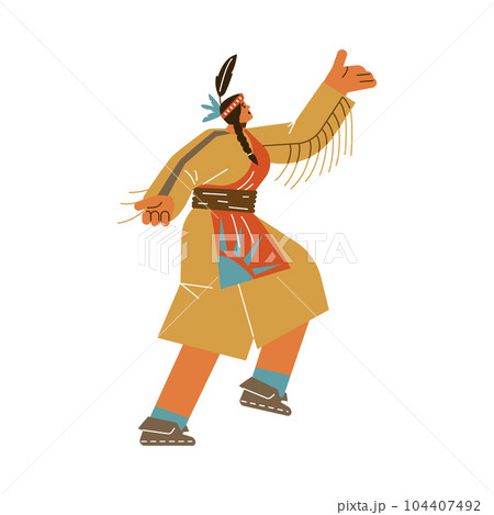 Woman dancing in traditional Native American clothes, flat vector illustration isolated on white background. Woman dancing in traditional Native American clothes, flat vector illustration isolated on white background. 104407492