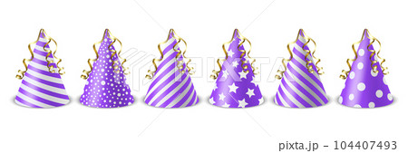 Vector 3d Realistic Purple and White Birthday Party Hat Icon Set Isolated on White Background. Party Cap Design Template for Party Banner, Greeting Card. Holiday Hats, Cone Shape, Front View 104407493