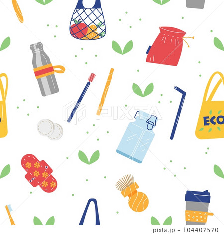 Zero waste lifestyle symbols, seamless pattern, flat vector illustration on white background. Zero waste lifestyle symbols, seamless pattern, flat vector illustration on white background. 104407570