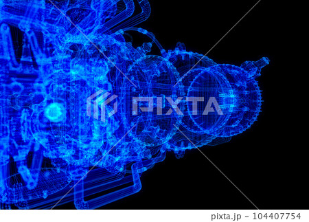 Gas turbine engine. Particles formation of 3d model satellite 3d model turbine Gas turbine engine. Particles formation of 3d model satellite 3d model turbine 104407754