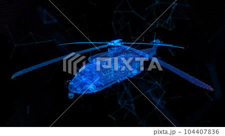 Military helicopter. Glow particles formation helicopter on a black background Military helicopter. Glow particles formation helicopter on a black background 104407836