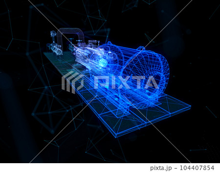 Industrial equipment electric oil valve and pump. Hologram in Cyberspace. 3d technology Industrial equipment electric oil valve and pump. Hologram in Cyberspace. 3d technology 104407854