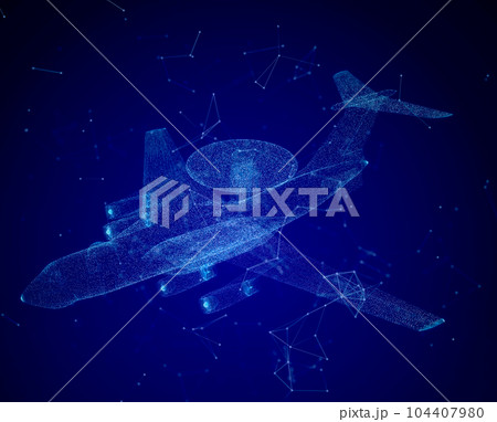 Military force air flying radar AWACS jet airplane. Glowing blue lights 3d model airplane Military force air flying radar AWACS jet airplane. Glowing blue lights 3d model airplane 104407980