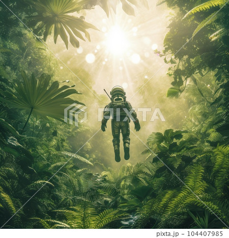 Ray of sunshine of surreal science fiction scene showing astronaut levitating in lush forest 104407985