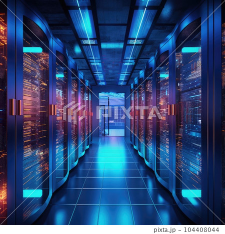 Data center in server room with server racks. AI Generation Data center in server room with server racks. AI Generation 104408044