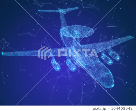 Military force airplane radar AWACS. Glowing neon particles and blue lights formation of 3d model Jet airplane Military force airplane radar AWACS. Glowing neon particles and blue lights formation of 3d model Jet airplane 104408045