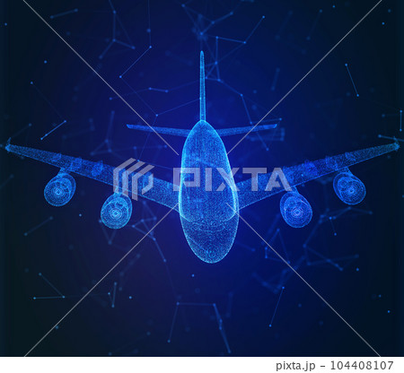 Airplane. Abstract airliner in the sky. Travel, tourism, business, transportation concept. Aircraft dark blue mesh with dots, lines and glowing stars Airplane. Abstract airliner in the sky. Travel, tourism, business, transportation concept. Aircraft dark blue mesh with dots, lines and glowing stars 104408107