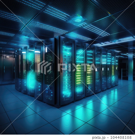 Concept of network and internet communication technologies, data center in server room. AI Generation Concept of network and internet communication technologies, data center in server room. AI Generation 104408108