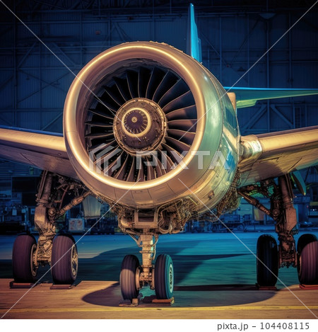 Engine aircraft modern aircraft turbine cross section with different equpment, parts, components. Plane turbine blades. AI Generation 104408115