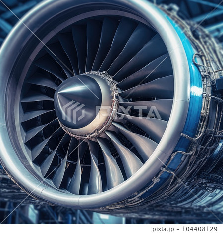 Engine aircraft modern aircraft turbine cross section with different equpment, parts, components. Plane turbine blades. AI Generation 104408129